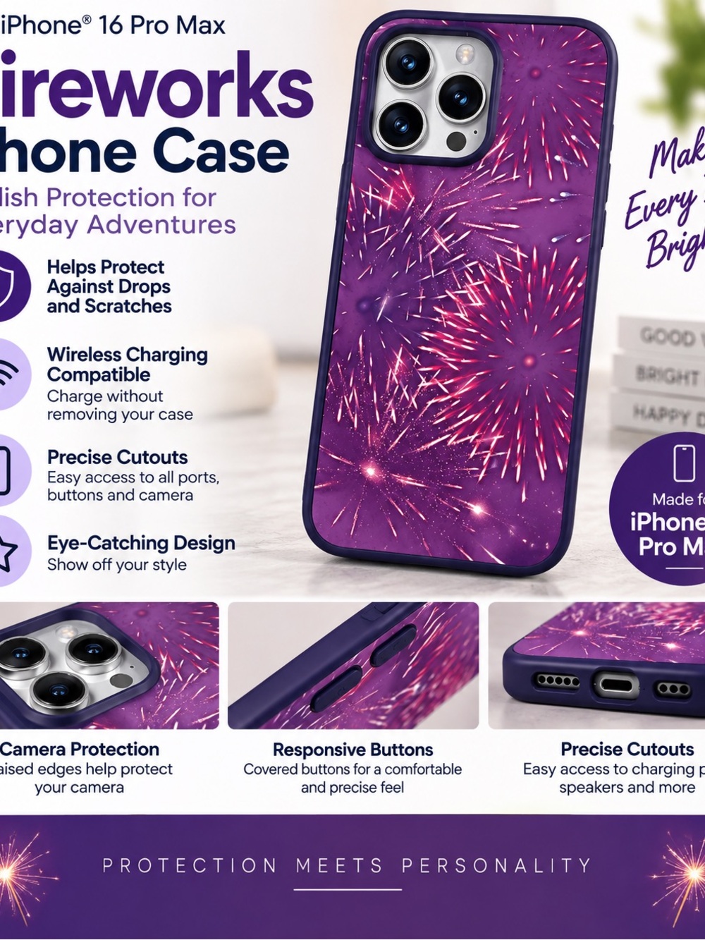 Fireworks Pattern iPhone 16 Pro Max Case - Purple
